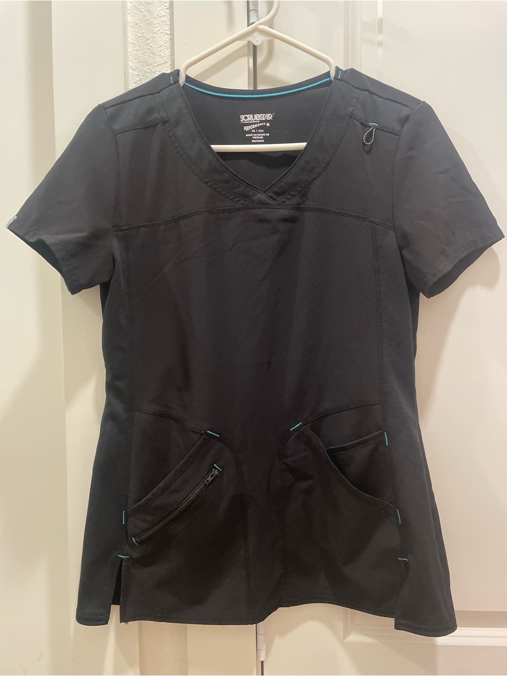 Scrubstar Black Short Sleeve V-Neck Scrub Top with Teal Trim